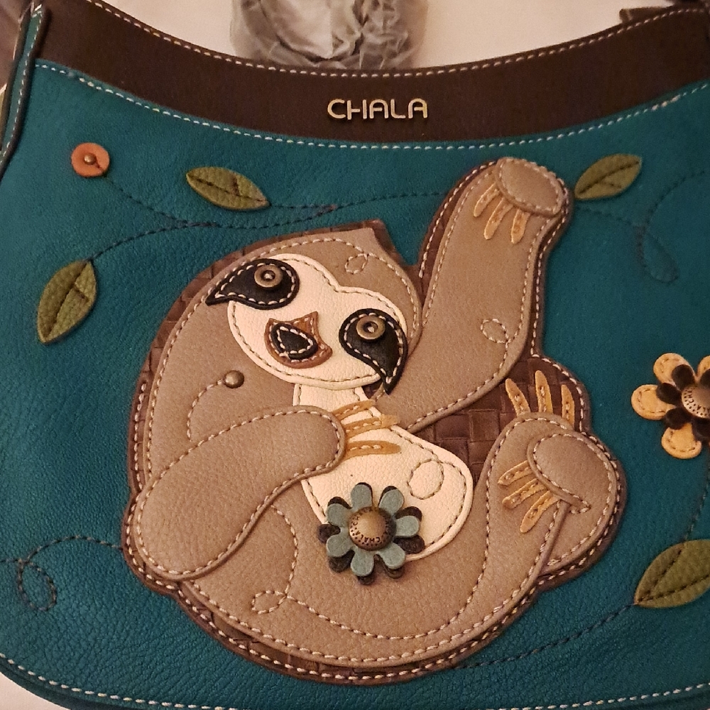 Chala Teal and Tan Sloth Shoulder Bag